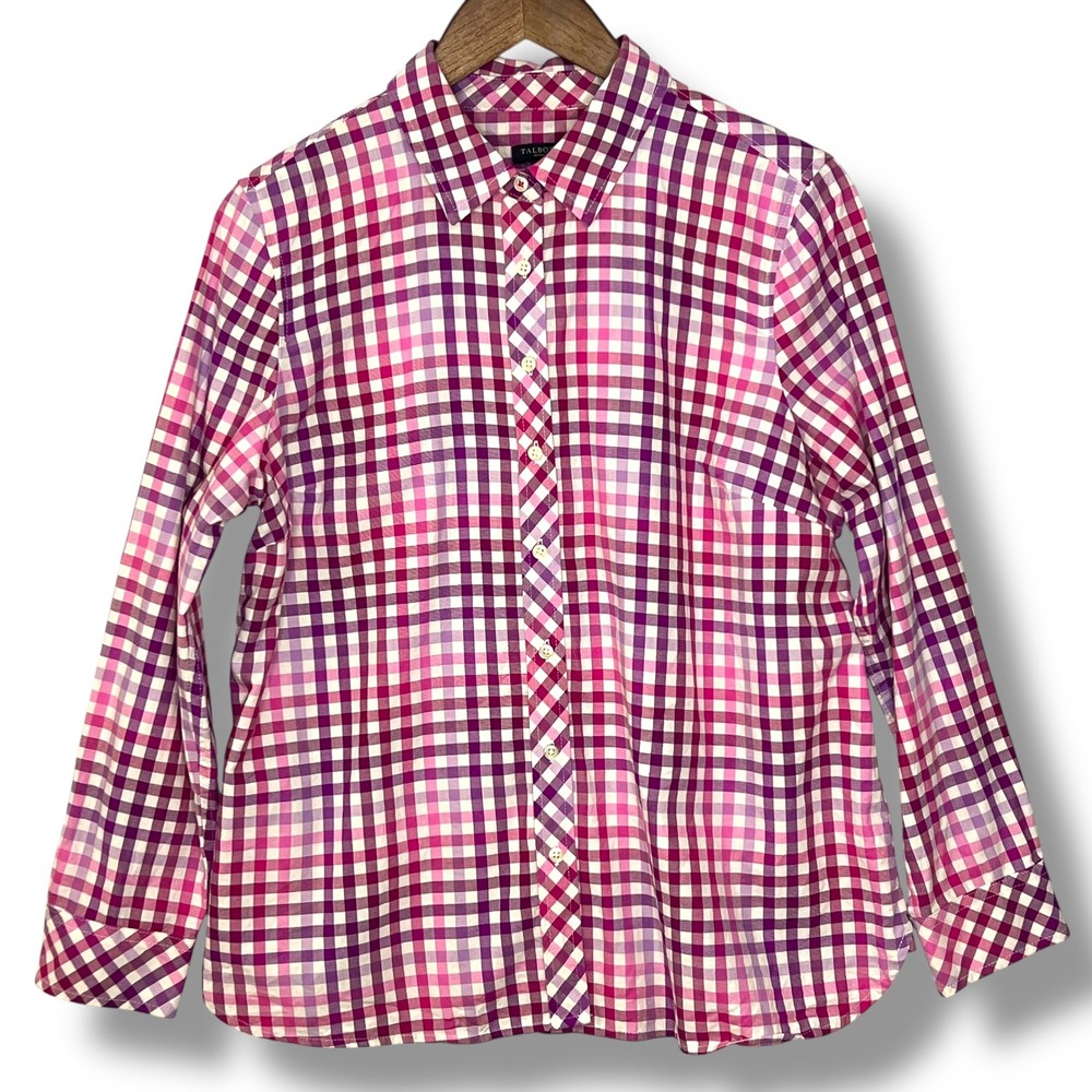 Talbots Petites Classic Cotton Gingham Plaid LP Button Up Shirt Pink Western